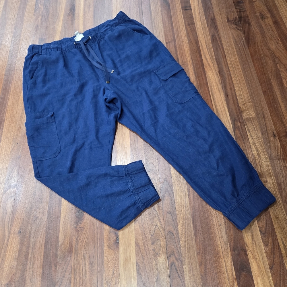 St. John's Bay Linen Blend Deep Blue Cargo Jogger Pants Size XL NWT